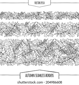 Vector illustration. Set of seamless autumn borders. Autumn leaves. Black and white