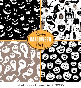 Vector illustration Set of seamless background abstract pattern for halloween with pumpkin,  candy, ghost, spider, bat,  cat, owl, castle, house, scull, coffin, bones. Flat silhouette style