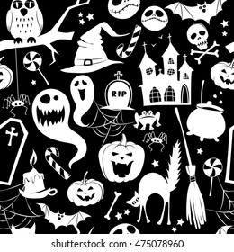 Vector illustration Set of seamless background abstract pattern for halloween with pumpkin,  candy, ghost, spider, bat,  cat, owl, castle, house, scull, coffin, bones. Flat silhouette style