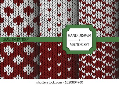 Vector illustration. Set of seamless backgrounds. Knitted texture. Red-white patterns. New Year's and Christmas.