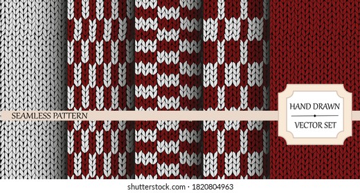 Vector illustration. Set of seamless backgrounds. Knitted texture. Red-white patterns. New Year's and Christmas.