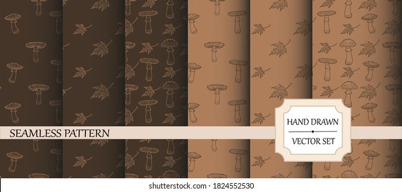 Ilustración vectorial.
Conjunto de fondos sin inconvenientes. Decoración de otoño. Hojas de arce y mosca agaric. Color marrón y arenoso. Dibujo de esquema.
