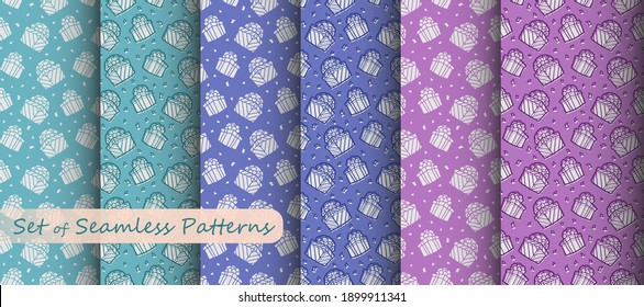 Ilustración vectorial. Conjunto de fondos sin inconvenientes. Cajas de regalo en colores azul, menta y rosa. Esquema. Diseño festivo. Papel envuelto.