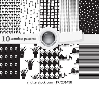 Vector illustration of a set of seamless backgrounds and textures in black and white colors. Scandinavian style.