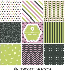 Vector illustration of a set of seamless backgrounds with geometric ornaments in contrast colors