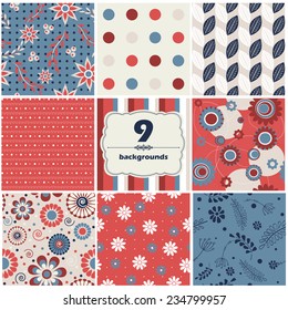 Vector illustration of a set of seamless backgrounds with geometric ornaments in contrast colors
