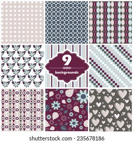 Vector illustration of a set of seamless backgrounds with geometric ornaments in contrast colors