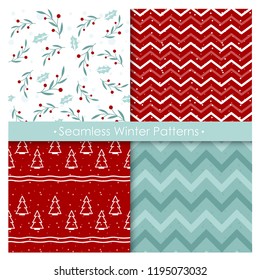 Vector illustration set of seamless Christmas patterns in blue and red colors. For Christmas, New Year party invitations, background in flat cartoon style.
