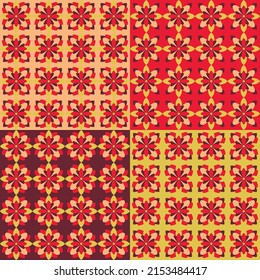 Vector illustration - a set of seamless geometric ornaments with a floral print of red-orange colors. Concept wallpaper, fabric or tile