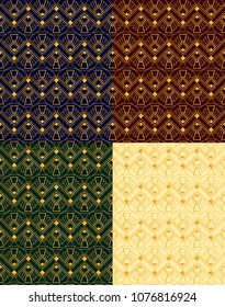 Vector illustration set of seamless golden patterns in art deco vintage, retro style on different color backgrounds.