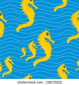 Vector illustration of a set of seamless pattern with cartoon marine animals - sea horse