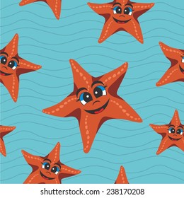 Vector illustration of a set of seamless pattern with cartoon marine animals - starfish
