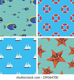 Vector illustration of a set of seamless pattern with cartoon marine animals and elements