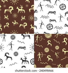 Vector illustration of a set of seamless pattern with petroglyphs