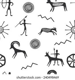 Vector illustration of a set of seamless pattern with petroglyphs