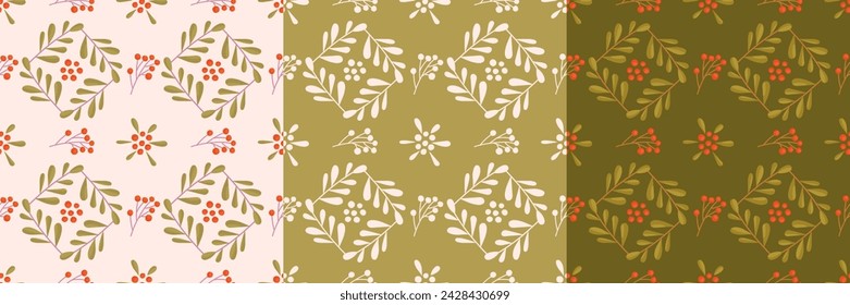 Vector illustration. Set Seamless pattern of stylized leaves and berries colored in three colors.Artistic background.