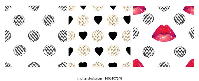 Vector illustration of a set of seamless patterns with circles, hearts and lips. Vector patterns on a white background.