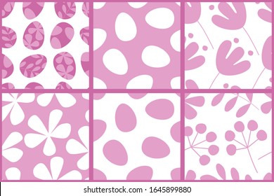 Vector illustration. A set of seamless patterns on the theme of Easter. Pink shades, minimalistic, monochrome. Cute, delicate drawings.