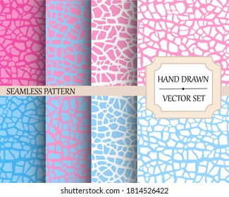 Vector illustration. Set of seamless patterns. Hand drawing texture of leather or broken eggshell. Abstract texture. Design in shades of blue and pink.