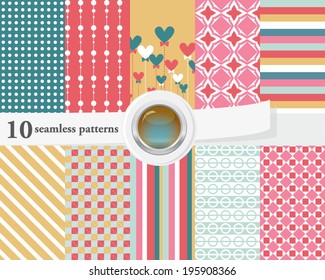 Vector illustration of a set of seamless patterns and backgrounds in bright green and pink colors, romantic theme.