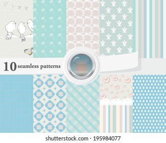 Vector illustration of a set of seamless patterns and backgrounds in tender blue and beige colors, romantic, wedding theme.