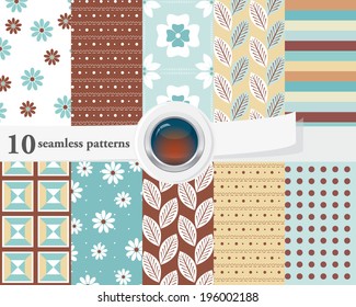 Vector illustration of a set of seamless patterns and backgrounds in brown and blue tender colors. 