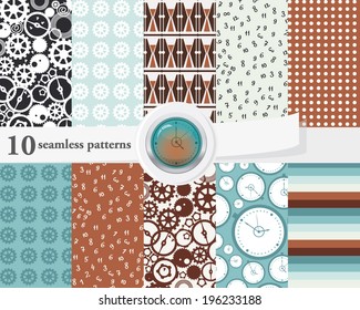 Vector illustration of a set of seamless patterns and backgrounds in bright blue and brown colors. Clock mechanisms and time theme.
