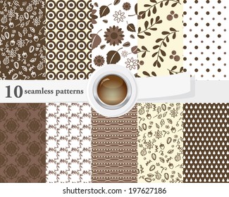 Vector illustration of a set of seamless patterns and backgrounds in contrast colors, romantic, floral theme.