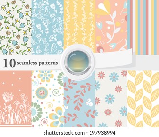 Vector illustration of a set of seamless patterns and backgrounds in tender colors, romantic, floral theme.