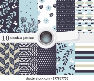 Vector illustration of a set of seamless patterns and backgrounds in contrast colors, romantic, floral theme.