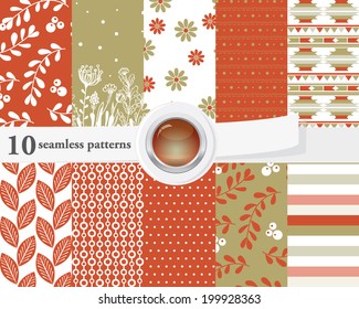 Vector illustration of a set of seamless patterns and backgrounds with flowers and ornaments.