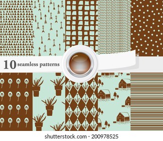 Vector illustration of a set of seamless patterns and backgrounds in contrast colors, Scandinavian theme.