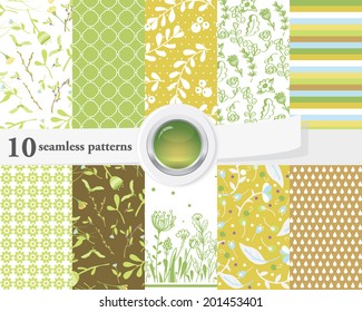 Vector illustration of a set of seamless patterns and backgrounds in bright contrast colors. Spring and summer theme.