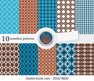 Vector illustration of a set of seamless patterns and backgrounds in bright contrast colors.