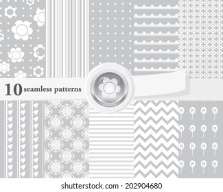 Vector illustration of a set of seamless patterns and backgrounds in tender colors, romantic, wedding theme.