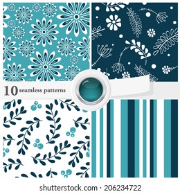 Vector illustration of a set of seamless patterns and backgrounds in contrast colors, romantic, floral theme.