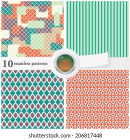 Vector illustration of a set of seamless patterns and backgrounds in contrast colors which can be used for scrapbook, design, art
