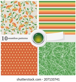 Vector illustration of a set of seamless patterns and backgrounds in bright contrast colors. Floral theme.