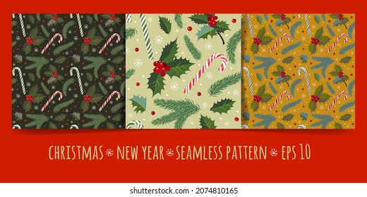 Vector illustration set of seamless patterns with holly, candies and spruce branches and snowflakes. Illustration for greeting cards and invitations, textiles.