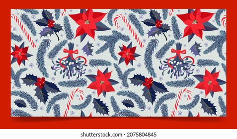 Vector illustration set of seamless patterns with holly, mistletoe, poinsettia, sweet cane and fir branches and snowflakes. Illustration for greeting cards and invitations, textiles.