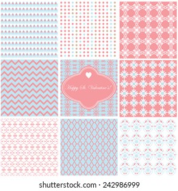 Vector illustration of a set of seamless patterns in festive bright colors for St. Valentine's designs