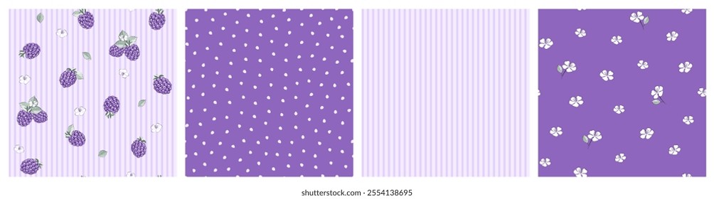 Vector illustration. Set of seamless patterns in purple tones, blackberries, flowers, leaves, stripes, dots. Ditsy fruits, summer, fabric design, textile, wrapping paper