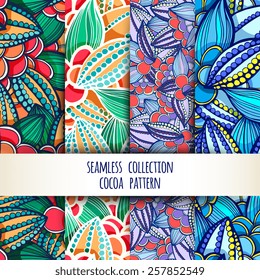 Vector illustration. Set. seamless patterns of stylized leaves and fruits of cocoa beans.