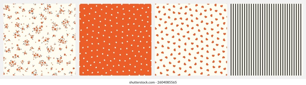 Vector illustration. Set of seamless patterns in orange, cream, black colors, ditsy flowers, dots, hearts, stripes. Summer, spring fabric design, baby design, wrapping paper	
