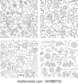 Vector Illustration Of Set Seamless Patterns With Hearts Flowers And Other Elements