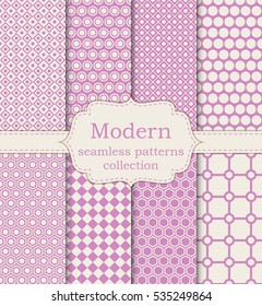 Vector illustration set of seamless pink modern patterns. Stock vector