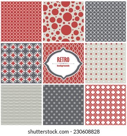 Vector illustration of a set of seamless retro backgrounds with geometric ornaments in contrast colors