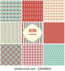 Vector illustration of a set of seamless retro backgrounds with geometric ornaments in contrast colors