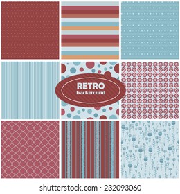 Vector illustration of a set of seamless retro backgrounds with geometric ornaments in contrast colors