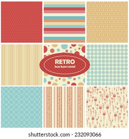 Vector illustration of a set of seamless retro backgrounds with geometric ornaments in contrast colors